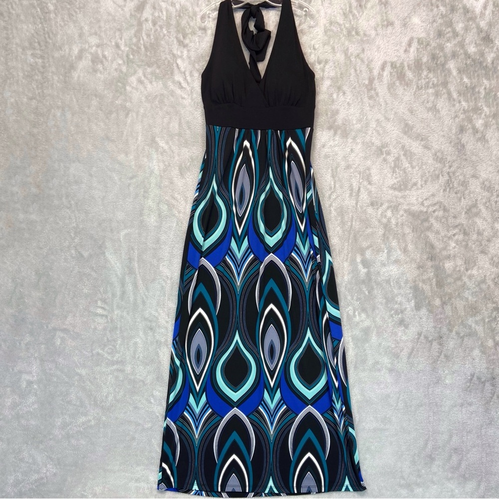 Y2K Heart Soul Womens Dress Size S Black Blue Retro Print 2000s Maxi Halter